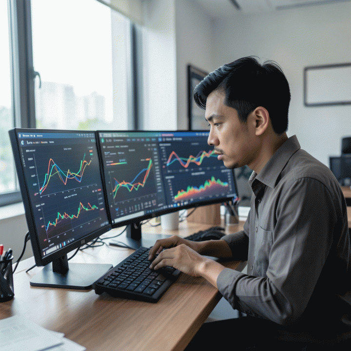 Seorang penjual e-commerce profesional di kantor modern Indonesia sedang menganalisis data harga dan tren pasar di berbagai layar komputer, menunjukkan strategi bisnis yang cerdas.