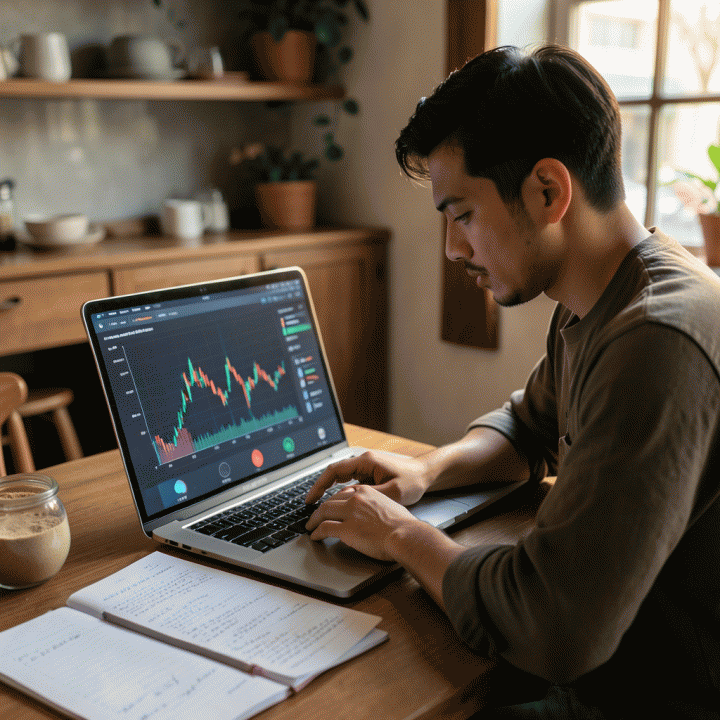 Seorang pemilik usaha kecil yang sedang fokus menganalisis data keuangan di laptop untuk menentukan strategi harga jual optimal produk baru.