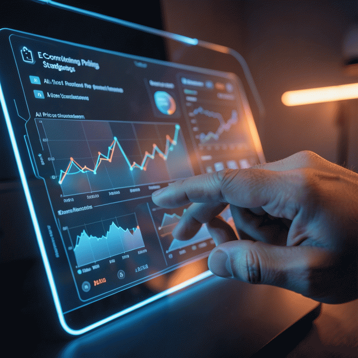 Hand interacting with a holographic AI data dashboard for Shopee pricing optimization.