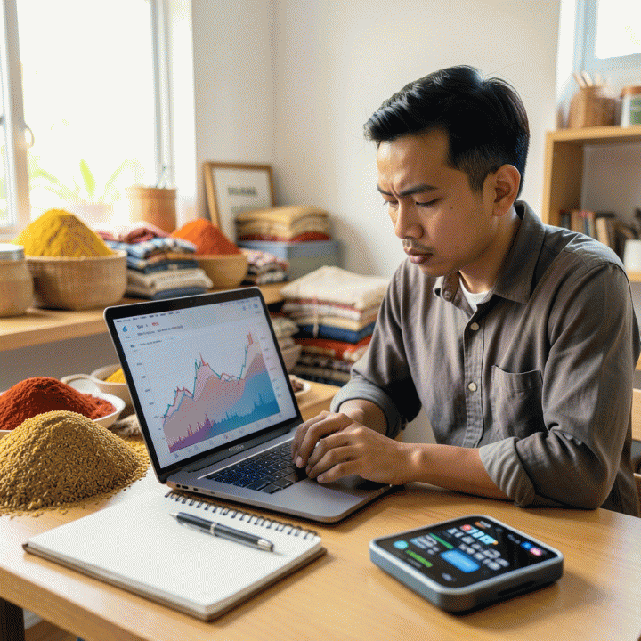Seorang pengusaha UMKM Indonesia yang fokus menggunakan laptop dan alat bantu kalkulasi di tengah stok bahan baku, melambangkan penentuan harga jual yang akurat untuk bisnisnya.