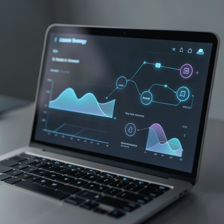 Futuristic dashboard interface showing data analysis for content strategy.