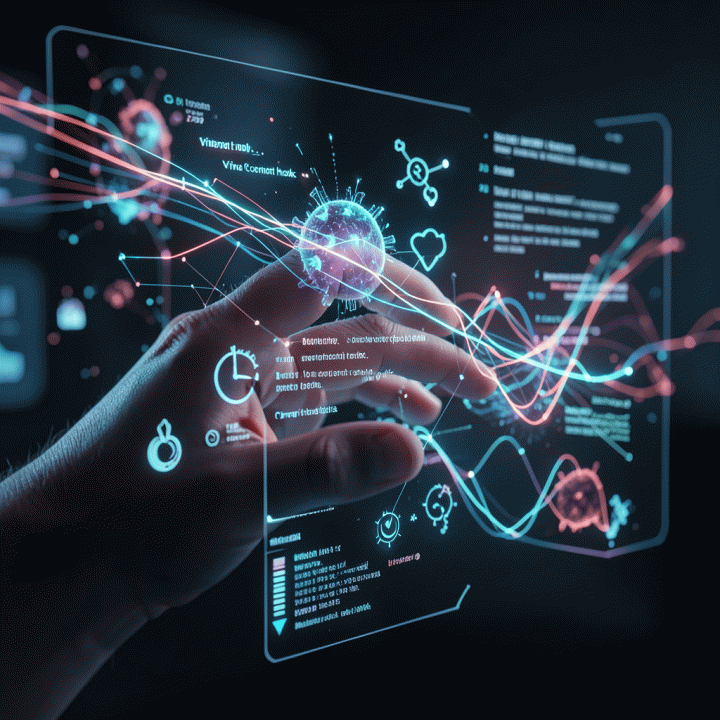 Abstract digital visualization of AI analyzing content hooks for virality using a futuristic interface.