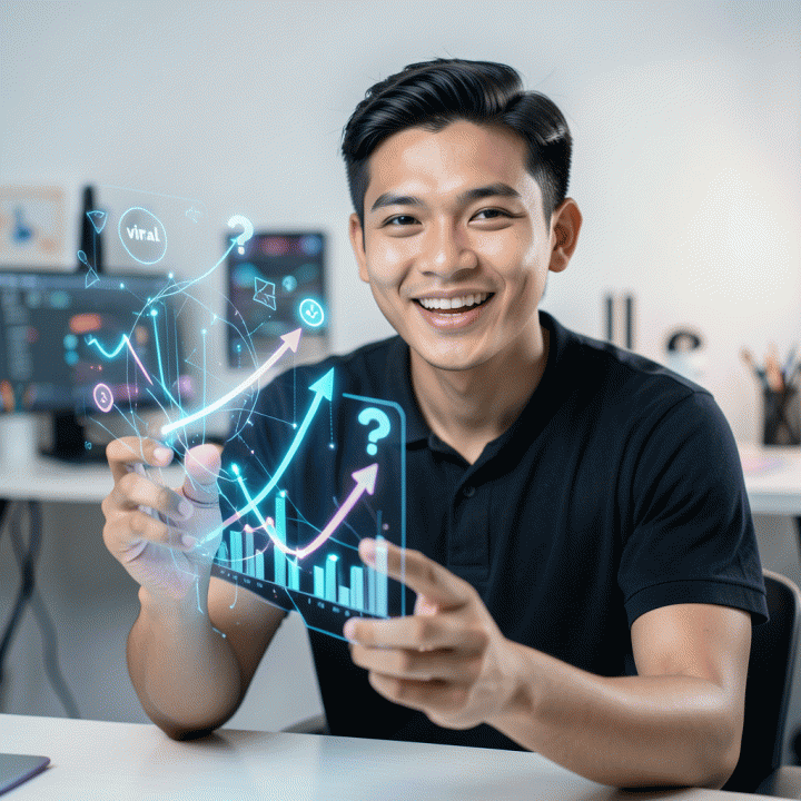 Seorang content creator muda Indonesia yang antusias berinteraksi dengan antarmuka hologram abstrak yang menampilkan ide-ide viral dan metrik peningkatan, melambangkan solusi untuk mengatasi creative block konten.
