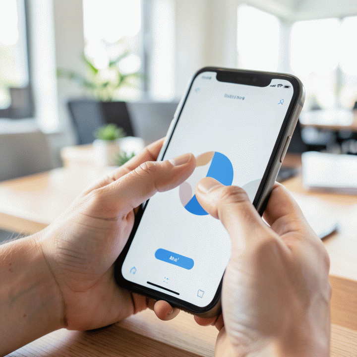 Tangan yang menunjuk ke layar smartphone yang menampilkan antarmuka abstrak, melambangkan momen penemuan hook konten yang sempurna.