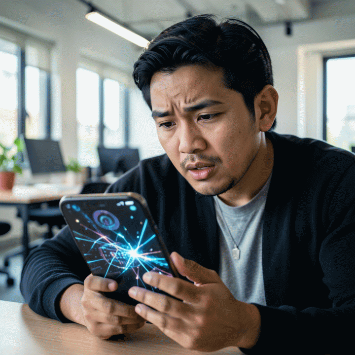 Seorang content creator modern di co-working space sedang fokus pada smartphone yang menampilkan visualisasi data abstrak, melambangkan strategi viral konten Reels Instagram.