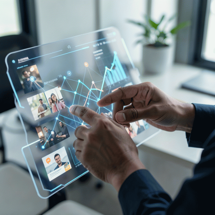 Tangan yang berinteraksi dengan antarmuka AI futuristik untuk mengotomatisasi pembuatan aset iklan dan strategi konten.