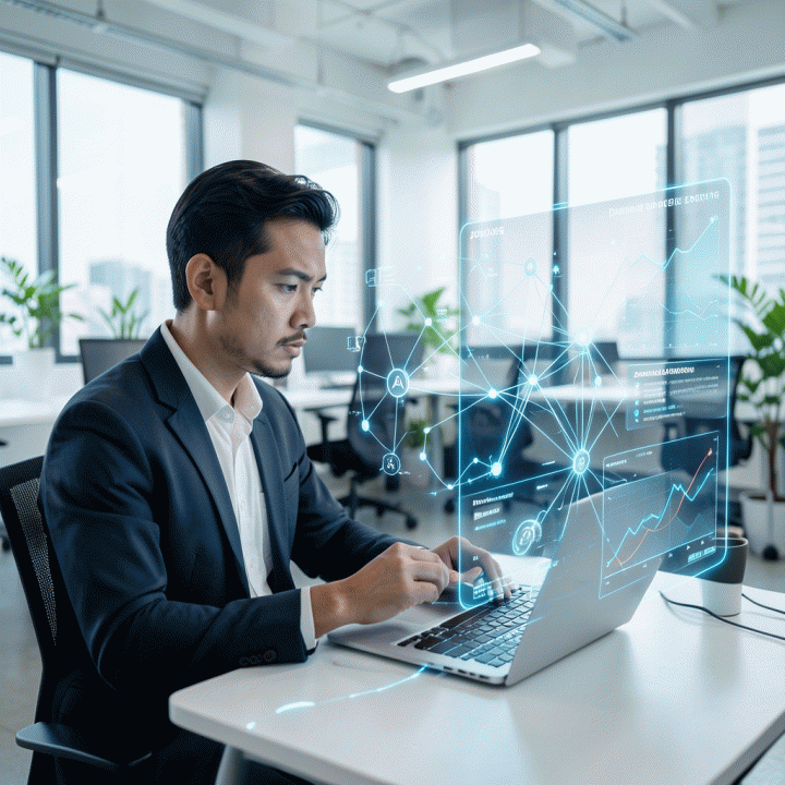 Seorang profesional pemasaran digital Indonesia di ruang kerja modern, berinteraksi dengan antarmuka holografik AI yang menampilkan tren dan strategi iklan masa depan tahun 2026.
