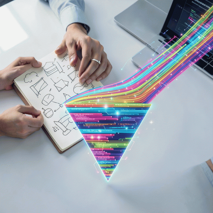 Representasi visual dari penggabungan ide kreatif manusia dengan kekuatan data AI untuk strategi pemasaran yang terstruktur.