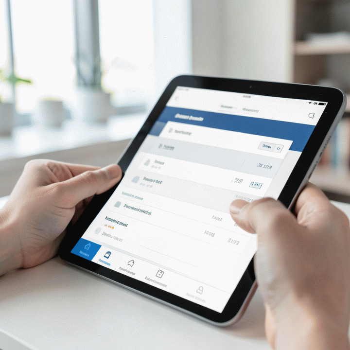Hand interacting with a tablet showing a rental scheduling and inventory list.