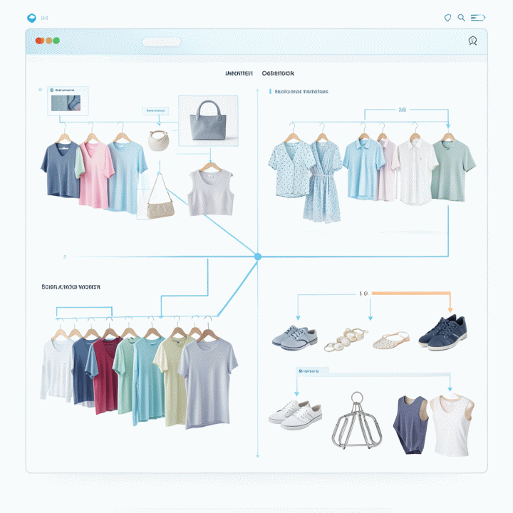 Digital representation of clothing and accessories inventory being systematically organized.