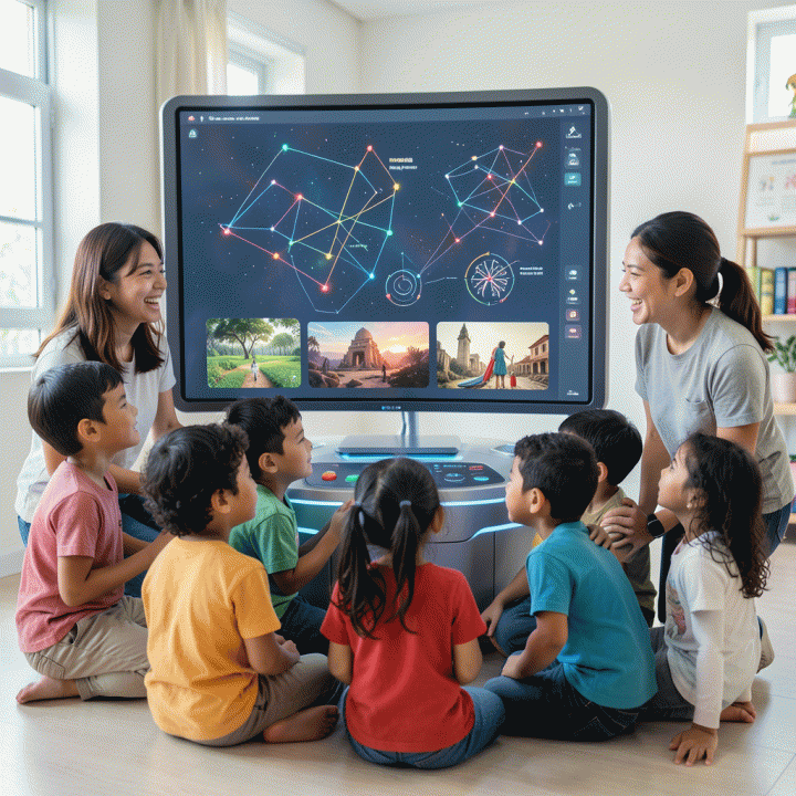 Suasana belajar anak yang cerah dan interaktif, menunjukkan anak-anak Indonesia menggunakan teknologi digital canggih untuk belajar, dengan guru dan orang tua yang tersenyum mengawasi.
