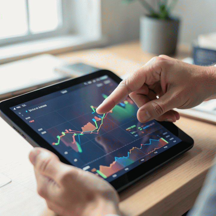 Tangan yang sedang menganalisis dashboard keuangan di tablet, menunjukkan proses penentuan harga jual dan optimalisasi profit margin.
