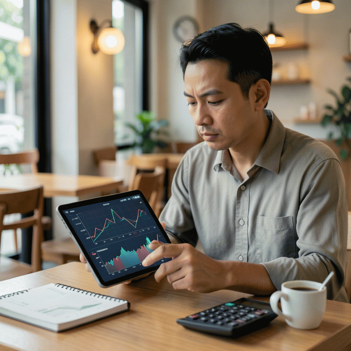 Seorang pemilik UMKM Indonesia sedang menganalisis data keuangan kompleks di tablet, menunjukkan fokus pada strategi menjaga margin keuntungan bisnis di tengah tantangan biaya operasional.