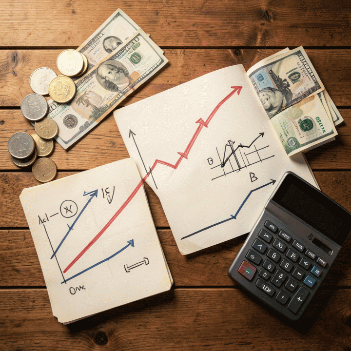 Komposisi flat lay yang menampilkan elemen-elemen analisis biaya operasional, grafik profitabilitas, dan alat hitung keuangan, menunjukkan strategi menjaga margin keuntungan.