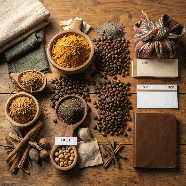 Berbagai bahan baku yang ditata rapi di atas meja, melambangkan fluktuasi biaya bahan baku dalam bisnis UMKM.