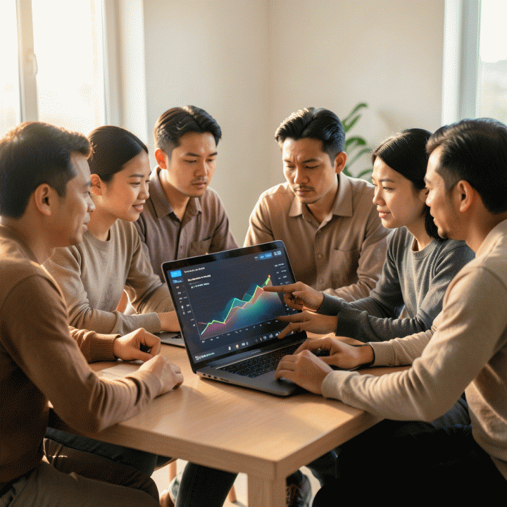 Kelompok pemilik UMKM Indonesia berdiskusi di meja kerja modern, menganalisis data grafik keuangan di laptop untuk menemukan strategi menjaga profit margin bisnis.