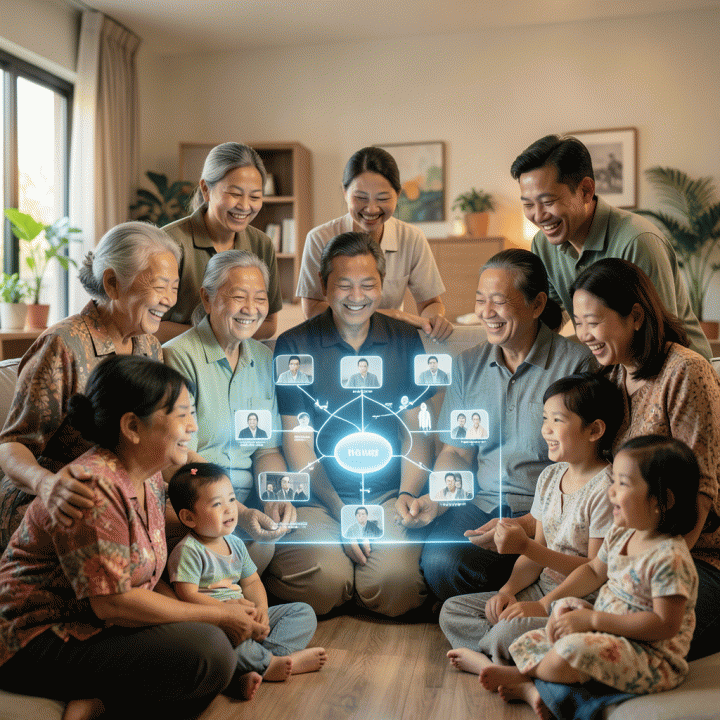 Anggota keluarga dari berbagai generasi berkumpul di sekitar visualisasi pohon keluarga hologram yang bercahaya, melambangkan pelestarian warisan bersama.