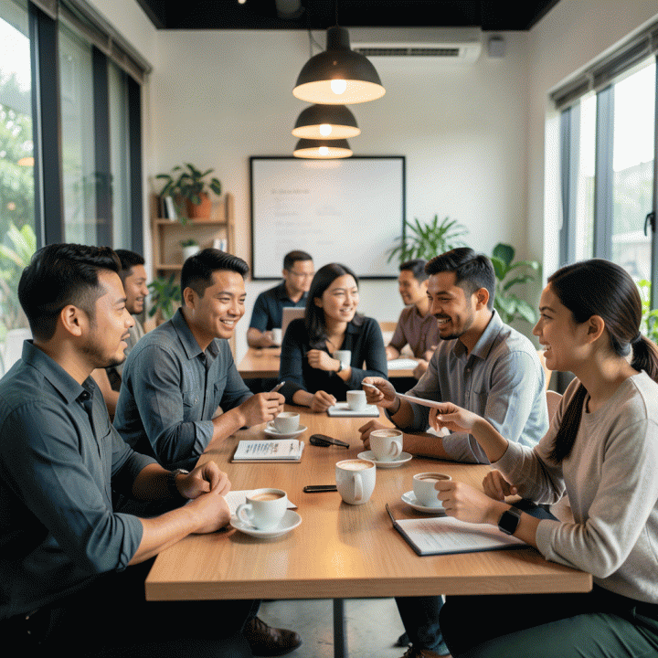 Kelompok profesional muda Indonesia berjejaring di co-working space modern, menunjukkan pentingnya koneksi personal dalam mencari peluang karir.