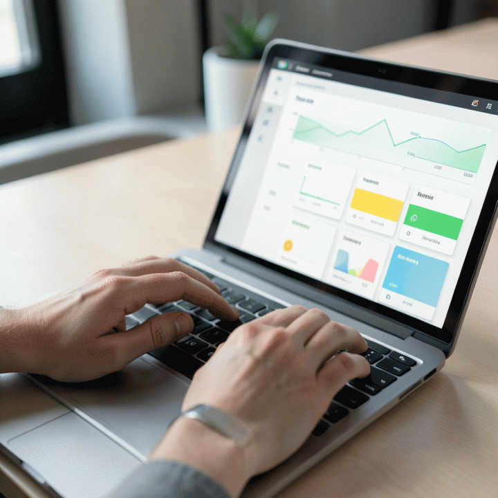 Tangan mengetik di laptop, menampilkan antarmuka dashboard pelacakan lamaran kerja yang terstruktur, menunjukkan proses manajemen karir yang rapi.