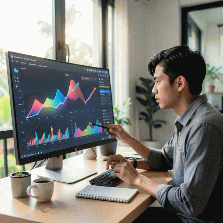 Seorang pengusaha muda Indonesia menganalisis data tren e-commerce masa depan di ruang kerja modern, menunjukkan strategi bisnis yang canggih.