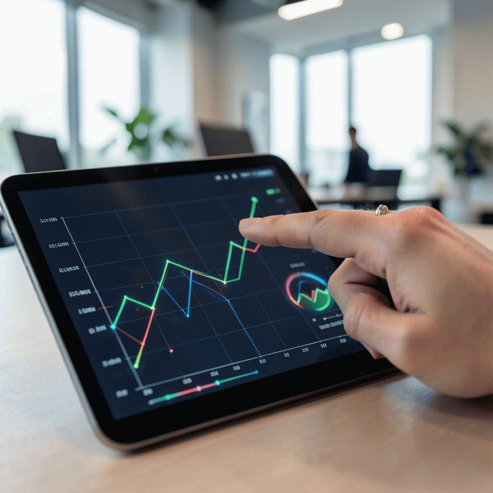 Tangan menunjuk grafik data analitik yang menunjukkan tren pertumbuhan bisnis yang menjanjikan.