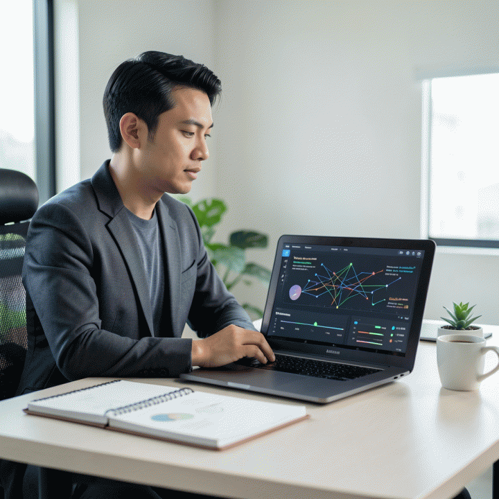 Freelancer profesional di ruang kerja modern mengelola data operasional dan keuangan yang terintegrasi pada laptop, menunjukkan strategi bisnis jangka panjang.