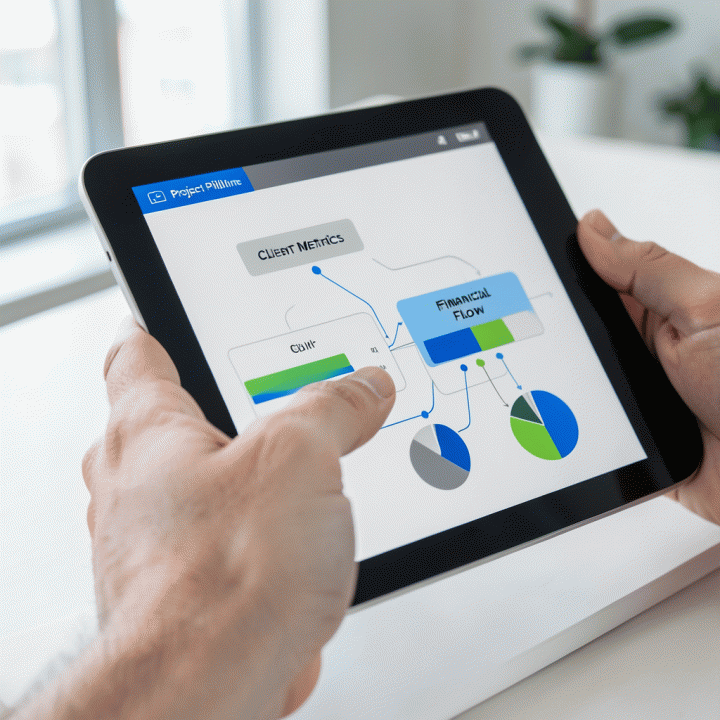 Tangan profesional sedang meninjau dashboard digital terpadu di tablet yang menunjukkan metrik proyek, klien, dan keuangan yang terintegrasi.