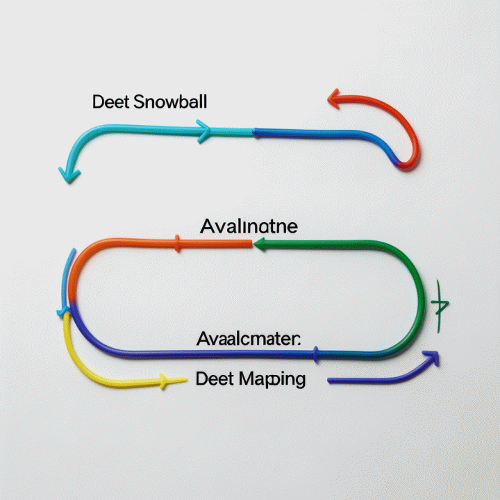 Perbandingan visual tiga metode pelunasan utang (Snowball, Avalanche, dll.) yang disajikan secara abstrak menggunakan jalur warna yang berbeda di atas permukaan datar.