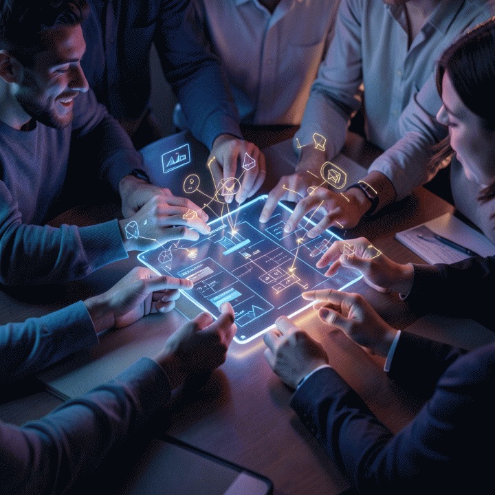 Kolektif kreator digital berkolaborasi dalam lingkungan holografik untuk membangun strategi bisnis kreatif.