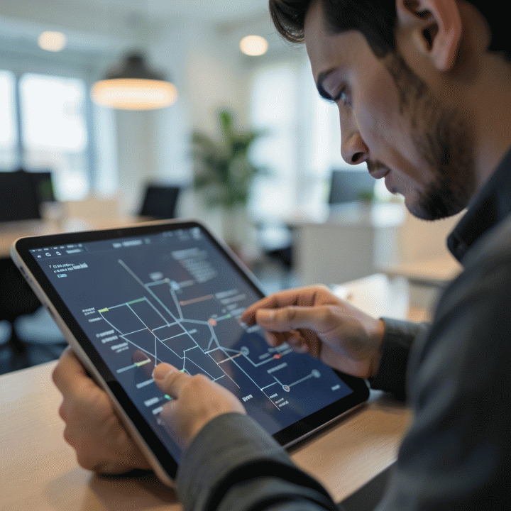 Seorang founder startup sedang merencanakan strategi bisnis digital menggunakan tablet.