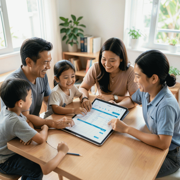 Keluarga Indonesia modern yang bahagia dan produktif sedang berdiskusi di meja kayu di depan laptop yang menampilkan spreadsheet keuangan, melambangkan perencanaan keuangan keluarga yang terorganisir.