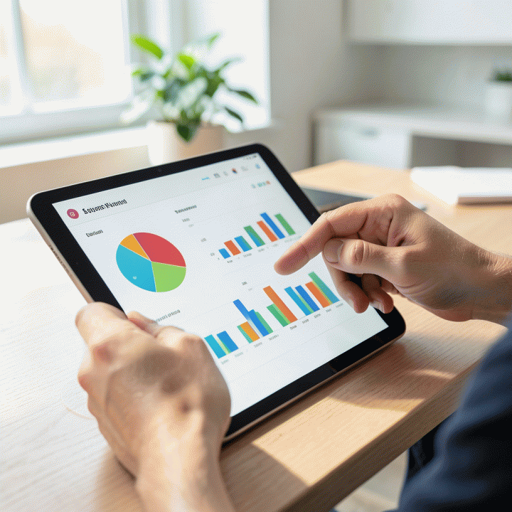 Tangan yang berinteraksi dengan dashboard keuangan digital yang abstrak, menampilkan grafik dan visualisasi data yang bersih, menandakan manajemen anggaran yang efektif.