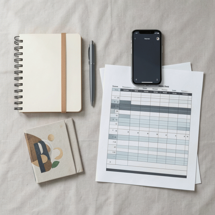 Tata letak flat lay yang rapi dari berbagai alat perencanaan keuangan seperti buku catatan, pena, dan template spreadsheet, menunjukkan kesiapan finansial keluarga.