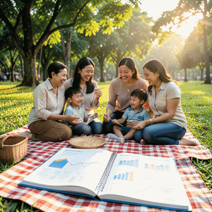 Keluarga Indonesia yang bahagia menikmati piknik di taman hijau saat senja, dengan buku perencanaan anggaran yang terbuka di depannya, melambangkan liburan yang terencana secara finansial.