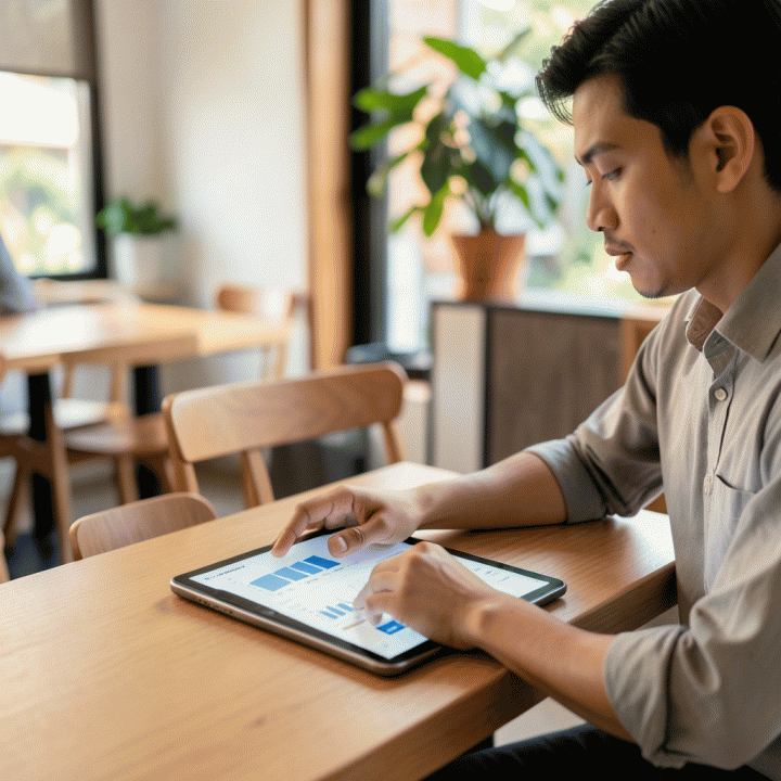 Seorang profesional muda Indonesia sedang meninjau data keuangan di tablet atau buku catatan, menunjukkan proses kontrol dan pengelolaan anggaran secara terstruktur.