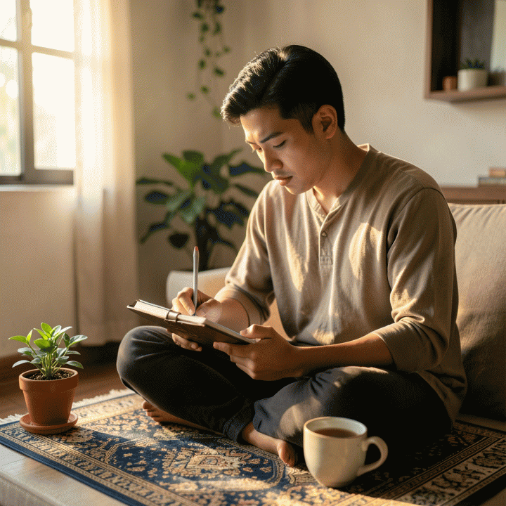 Seorang pemuda Muslim Indonesia yang sedang merencanakan dan mencatat ibadah harian di buku catatan, menunjukkan suasana reflektif dan fokus pada konsistensi spiritual.