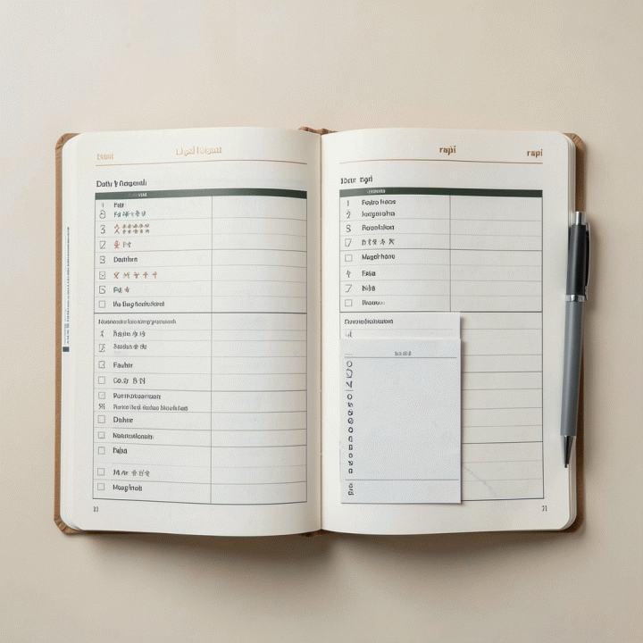 Foto datar (flat lay) jurnal pelacak kebiasaan ibadah yang rapi dan terorganisir, menyoroti sistem pencatatan rutinitas ibadah harian.