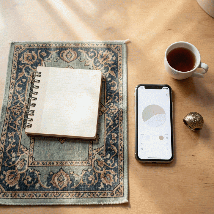 Foto datar (flat lay) yang menampilkan elemen-elemen rutinitas ibadah harian yang konsisten, seperti sajadah, jurnal, dan alat pelacak kebiasaan, menunjukkan persiapan yang terorganisir.