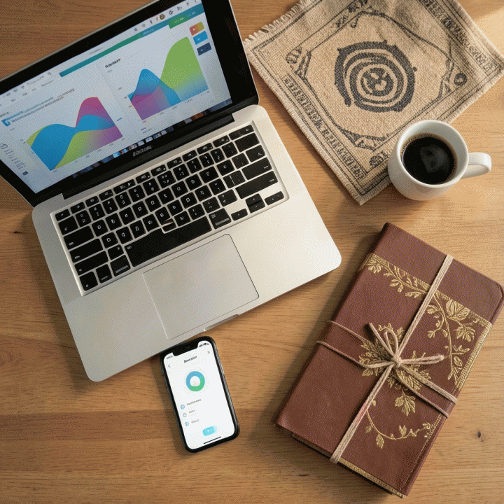 Komposisi flat lay yang menampilkan elemen-elemen rutinitas harian yang seimbang antara pekerjaan (laptop) dan ibadah (sajadah, buku catatan), menekankan konsistensi.