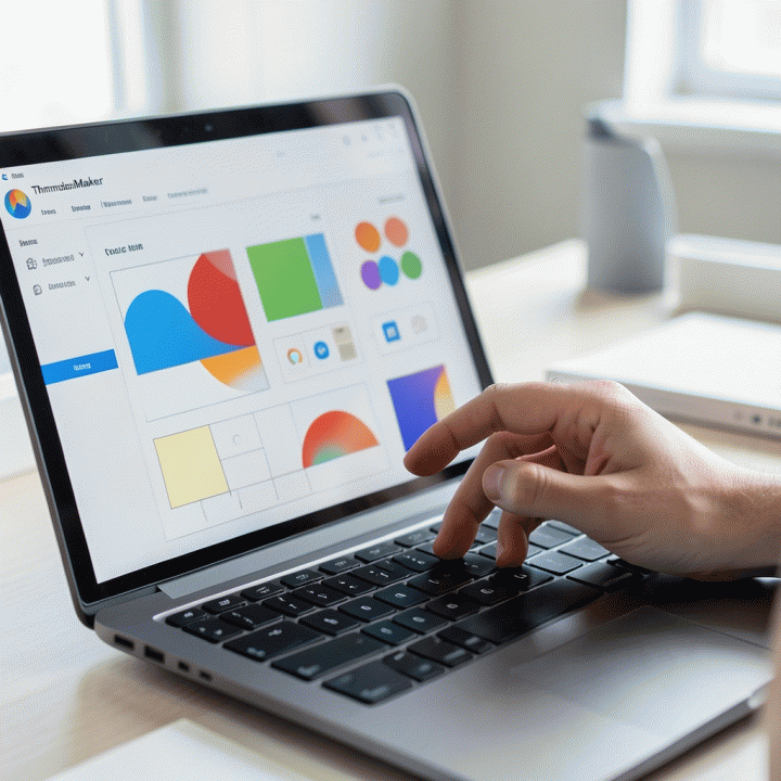 Tangan yang menggunakan antarmuka AI desain thumbnail di laptop, menunjukkan proses pembuatan desain yang cepat dan mudah.