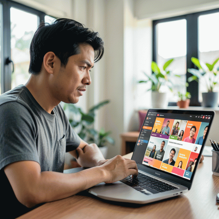 Seorang kreator konten di studio modern sedang melihat layar laptop yang menampilkan kumpulan thumbnail YouTube yang sangat konsisten secara visual, melambangkan pembangunan brand yang kuat.
