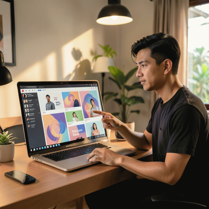 Seorang content creator profesional di studio rumahnya, sedang merencanakan strategi branding YouTube dengan melihat mockup thumbnail yang konsisten secara visual.