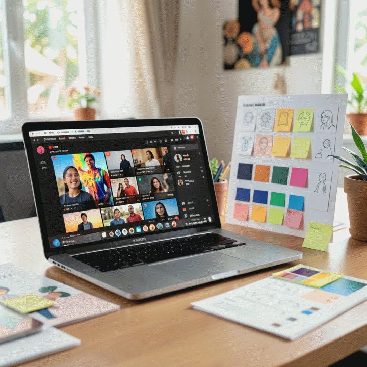 Meja kerja content creator yang profesional dengan fokus pada laptop yang menampilkan mockup thumbnail YouTube yang konsisten, melambangkan branding yang kuat dan terorganisir.