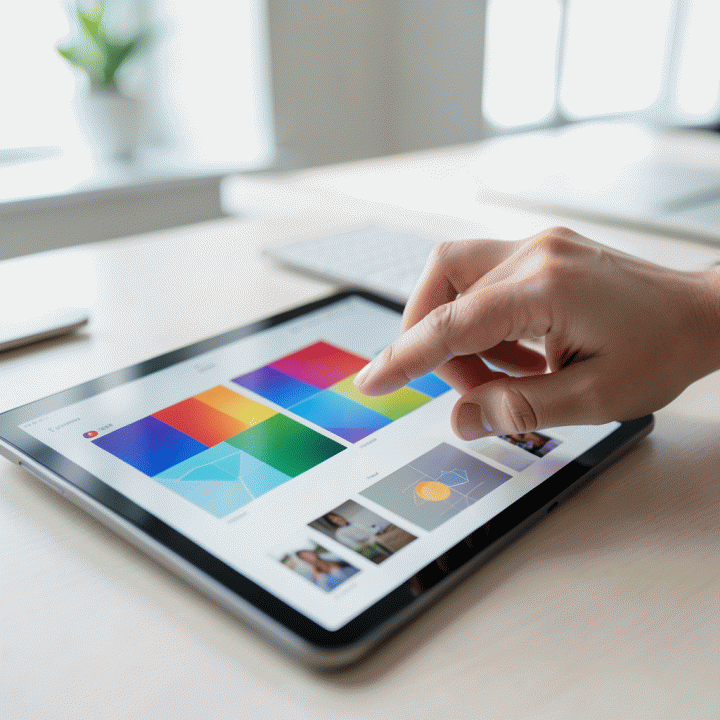 Tangan seorang pengguna berinteraksi dengan antarmuka AI di tablet, menampilkan konsep visualisasi konsistensi dan otomatisasi pembuatan thumbnail.