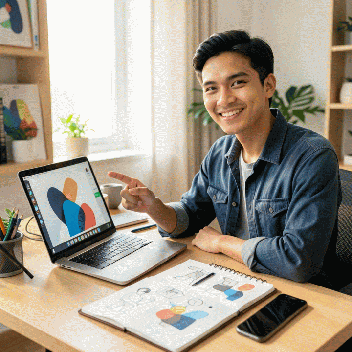 Seorang content creator Indonesia yang percaya diri di meja kerja modern, dikelilingi alat-alat kreatif dan teknologi, melambangkan profesionalisme dan konsistensi branding YouTube.