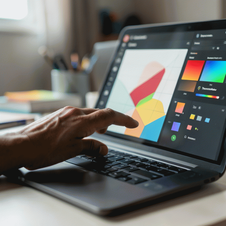 Tangan yang sedang menggunakan antarmuka AI desain di laptop, menunjukkan kemudahan dan otomatisasi dalam menciptakan thumbnail yang konsisten.