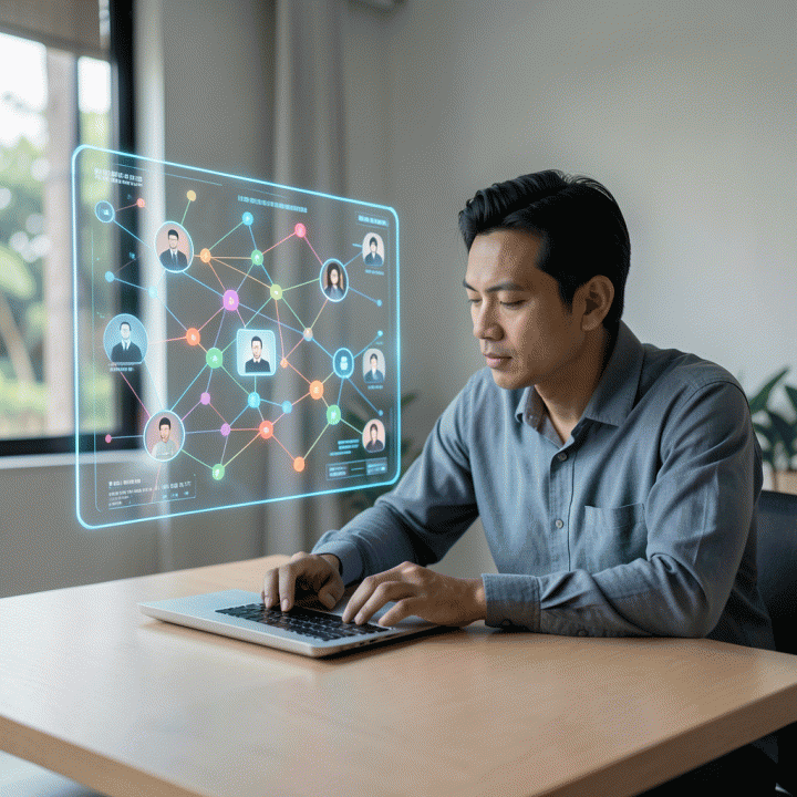 Seorang profesional di kantor modern menggunakan antarmuka holografik futuristik untuk menyusun dan menganalisis persona pengguna secara strategis.