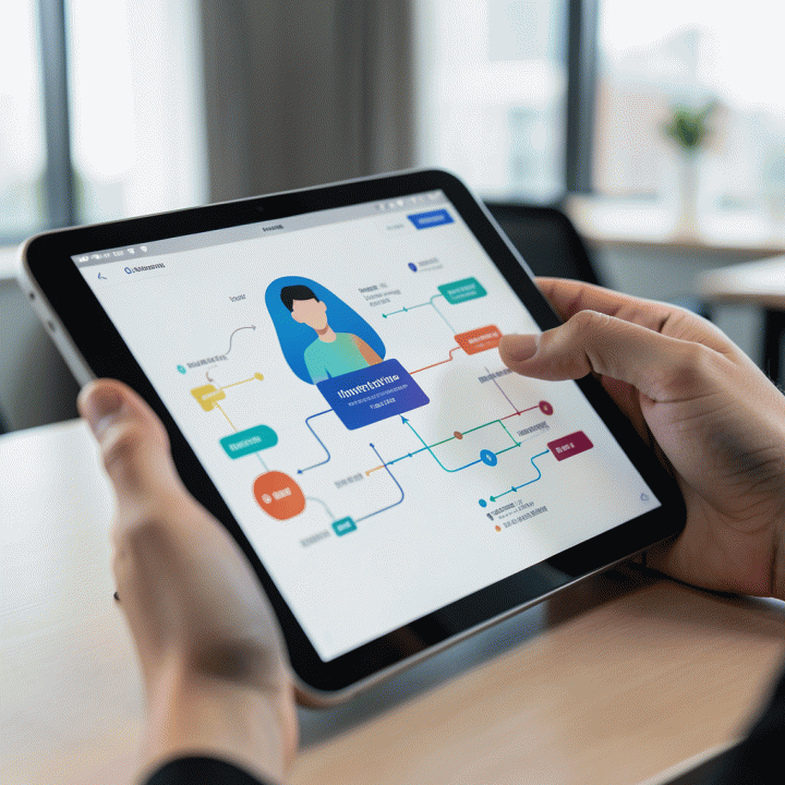 Tangan pengguna berinteraksi dengan tablet yang menampilkan profil persona pengguna yang terstruktur dan analitis.