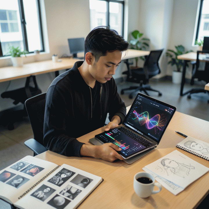 Seorang content creator muda yang sedang fokus menganalisis tren digital pada layar tablet di co-working space modern yang penuh energi.