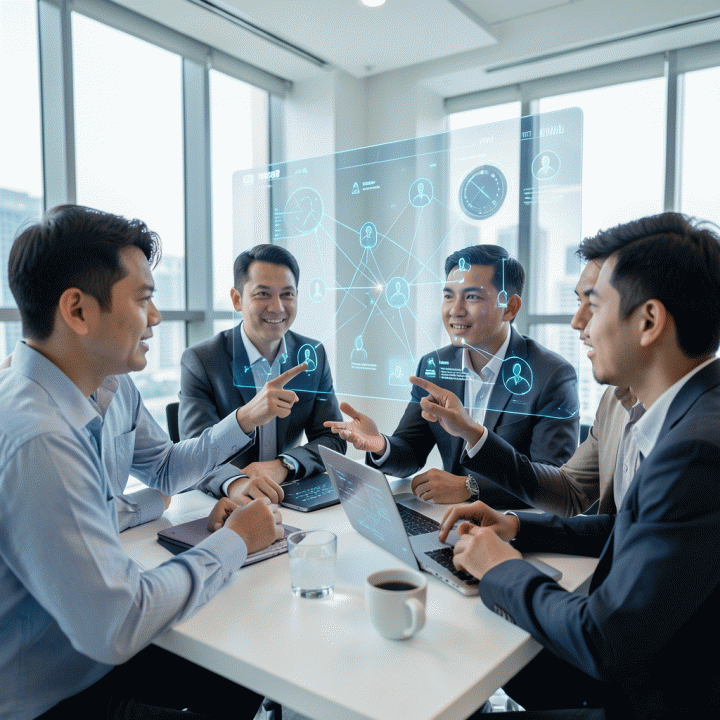 Tim pemasaran profesional Indonesia berkolaborasi di sekitar antarmuka holografik futuristik yang menampilkan visualisasi data persona pelanggan dan strategi konten yang terhubung.